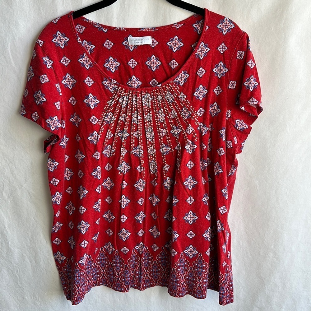 Charter Club cap sleeve red, white, and blue print top, size L